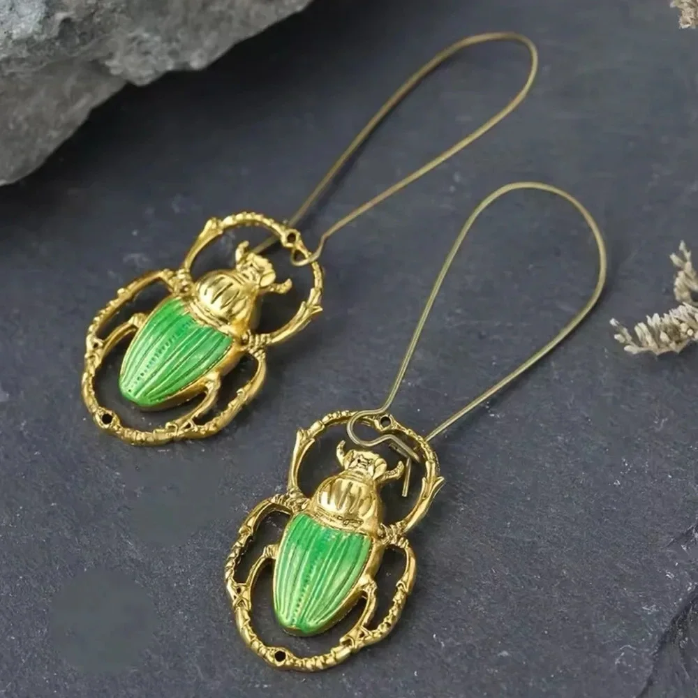 Vintage Gold Scarab Green Beetle Dangle Earrings